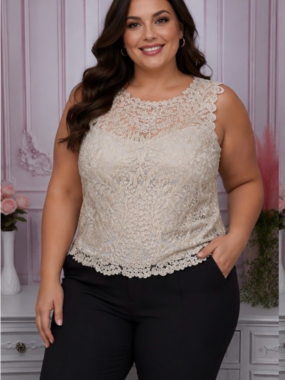 Plus Size Lace Overlay Sleeveless Camisole in Shimmery Gold Cream